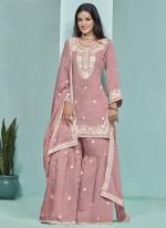 Roman Silk Pastel Pink Wedding Wear Embroidery Work Sharara Suit